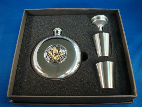 Flask Set Round - Celtic Thistle Gilt